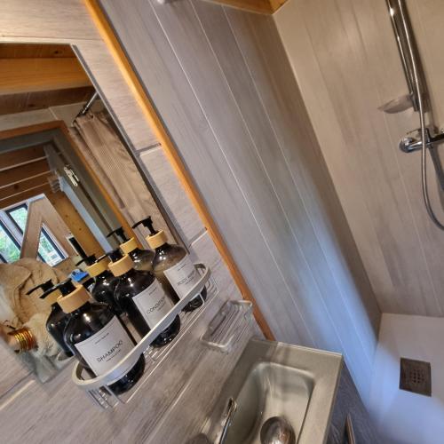 une cuisine avec un évier et un miroir à côté d'un comptoir dans l'établissement Tiny house en pleine nature, à Arsac-en-Velay