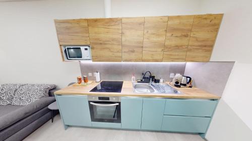 a small kitchen with a sink and a counter at Apartments Štěpánská Brno-centre in Brno