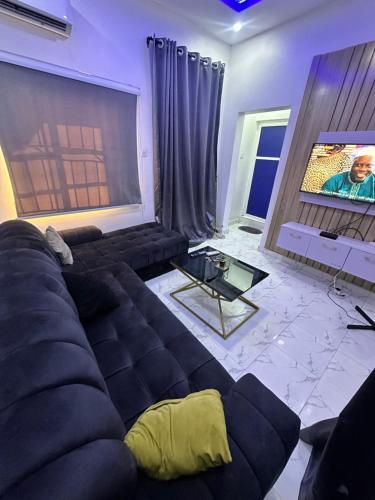 a living room with a black couch and a tv at 1Bedroom flat at Magnanimous Apartments Ogudu in Lagos