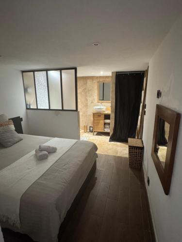 une chambre avec un grand lit et un miroir dans l'établissement T2 cosy à Sainte-Maxime - Confort & Tranquillité, à Sainte-Maxime