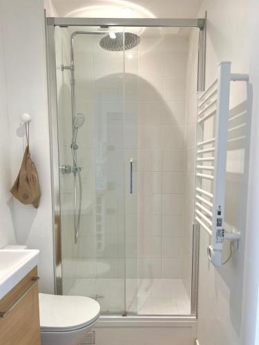 a shower with a glass door in a bathroom at Le Petit Cottage - Appartement Centre-Ville & Plage in Concarneau