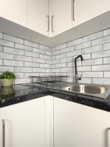 a kitchen with a sink and a counter top at 'The Luxury Snug' - A Charming Modern Luxury 2-Bed Flat with Parkview - Free Parking in Northampton
