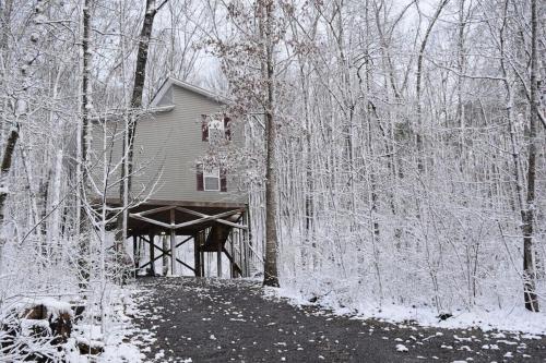 a house is covered in snow in the woods at Serenity Escape Treehouse on 14 acres near Little River Canyon in Fort Payne