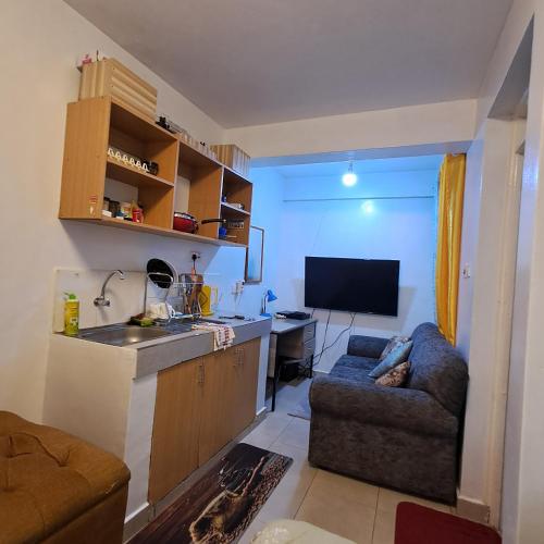 a kitchen and living room with a couch and a television at SpeedwayHaven, 2Mins TO SpurMall & Ashaki Resort 1750kes in Ruiru