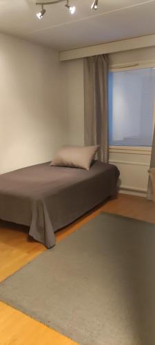 ein Schlafzimmer mit einem Bett, einem Fenster und einem Teppich in der Unterkunft Multsu apartment in Tampere