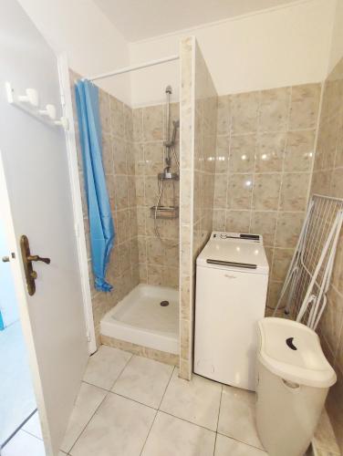 La salle de bains est pourvue de toilettes, d'une douche et d'une baignoire. dans l'établissement Paisible P1 face à la mer a 2 mn de la plage et du Centre Ville, à La Grande Motte