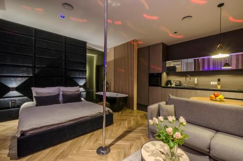 a bedroom with a bed and a couch at LupoApartments z Klimatyzacją do wyboru z Jacuzzi Pole Dance Parking Dostęp na Kod in Łódź