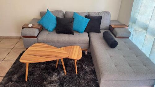 a living room with a gray couch with blue pillows at Casa en coto privado cerca de de la central nueva in Guadalajara