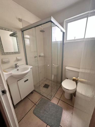 a bathroom with a shower and a toilet and a sink at Casa en coto privado cerca de de la central nueva in Guadalajara