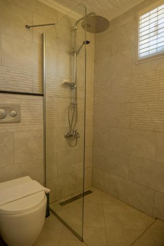 a bathroom with a toilet and a glass shower at Güneş Boutique Hotel - Oludeniz in Oludeniz