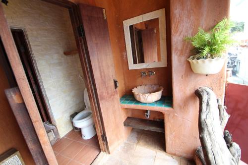 a bathroom with a toilet and a mirror and plants at Jialeshuel Surf house B&B in Manzhou