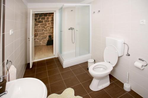 a bathroom with a toilet and a shower and a sink at Holiday Home Miklica in Klis