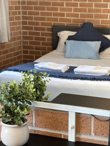 a bed with two towels and a plant on it at The Oaks Hotel Motel in Albion Park