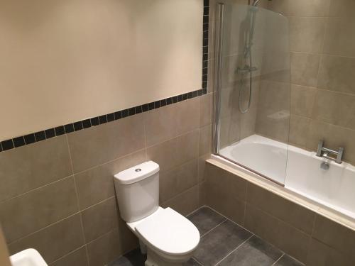 a bathroom with a toilet and a shower and a tub at Whitwell in Worksop