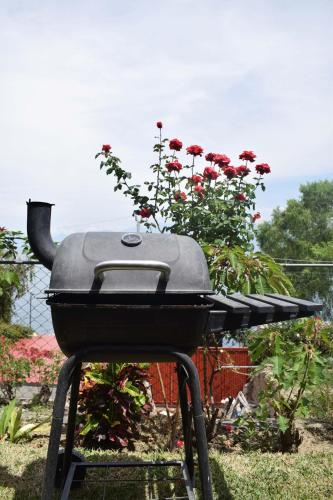 a bbq grill with red roses in the background at Casa Gaspar on Lake Atitlán in San Antonio Palopó