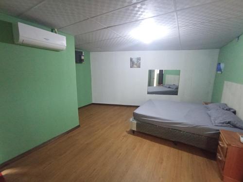 a bedroom with a bed in a room with green walls at Casa de Huéspedes Noche de Luna in San Salvador
