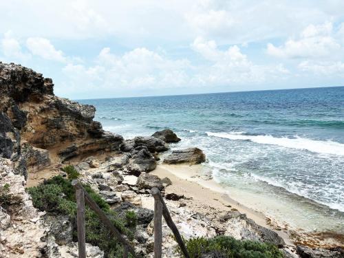 a beach with a wooden fence next to the ocean at Suites paty de Suites Rocio in Isla Mujeres