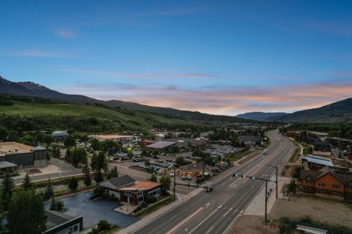 an aerial view of a small town in the mountains at 4-Season Modern Mountain Penthouse with Private Hot Tub & Scenic Views in Silverthorne
