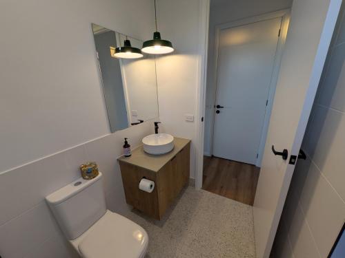 ein Badezimmer mit Toilette, Waschbecken und Spiegel in der Unterkunft Alpine Oakford Private Guest Suite in Wodonga