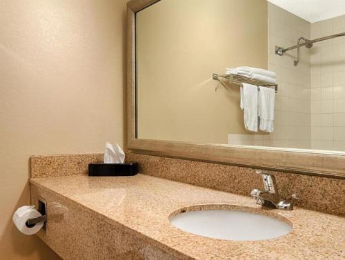a bathroom with a sink and a mirror at AmericInn by Wyndham La Crosse Riverfront-Conference Center in La Crosse