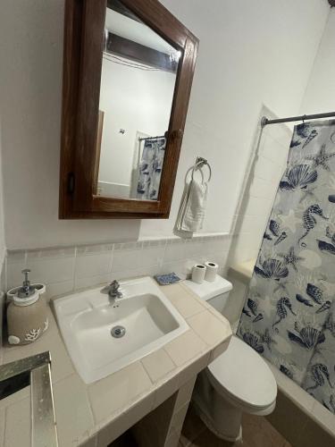 a bathroom with a sink and a toilet and a mirror at Casa Kiki in Omoa
