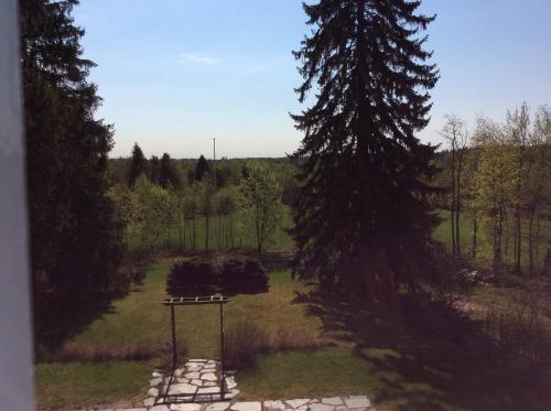 a view from a window of a garden with a tree at Tiittalan Kartano in Sulkava