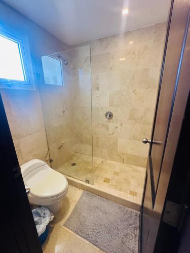a bathroom with a shower and a toilet at La Esmeralda in Punta Cana
