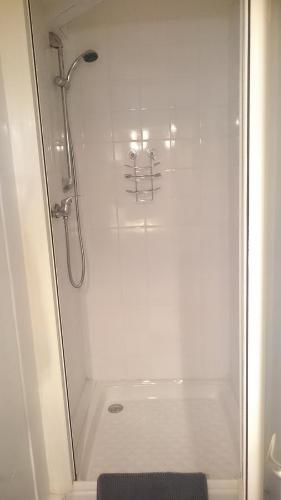 La salle de bains est pourvue d'une douche et d'une porte en verre. dans l'établissement Villa Marguerite, à Ax-les-Thermes