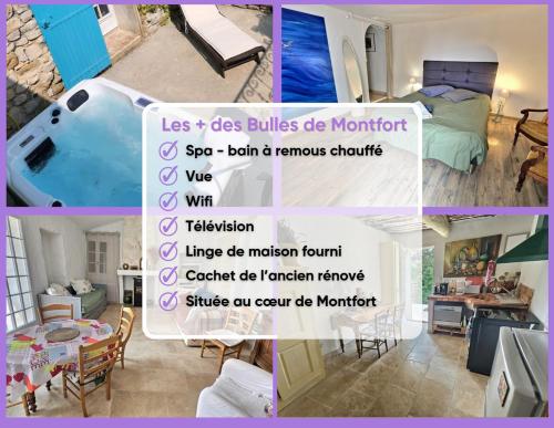 un collage de photos d'une chambre avec baignoire dans l'établissement Les Bulles de Montfort - WiFi - Parking gratuit & Cuisine, à Montfort