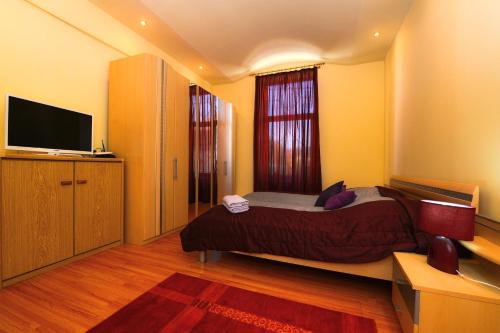 a bedroom with a large bed and a flat screen tv at Casa Ovi și Simo in Haţeg