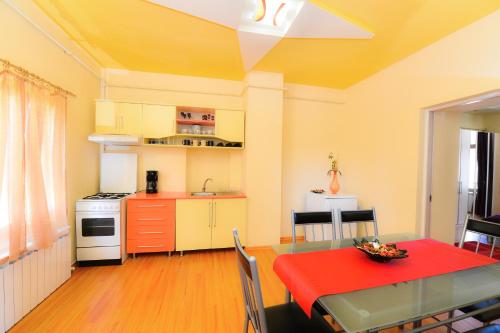 a kitchen and dining room with a table with a red tablecloth at Casa Ovi și Simo in Haţeg