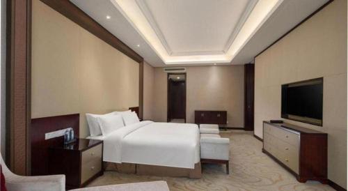 a hotel room with a bed and a flat screen tv at Linyi Blue Horizon International Hotel Yi He in Linyi