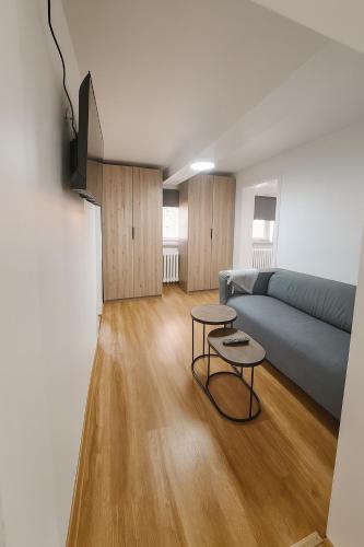 a living room with a couch and two tables at Helmstedt City Apartment in Helmstedt