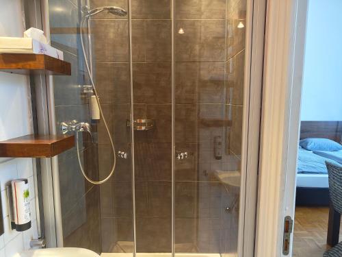 a shower with a glass door in a bathroom at WHLIVING - Apartments & Studios in Konstanz in Konstanz