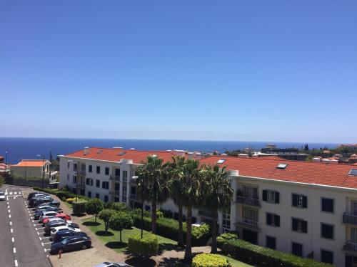 Vista al árido de un aparcamiento con palmeras y edificios en Excelente T3 Duplex Funchal, en Funchal