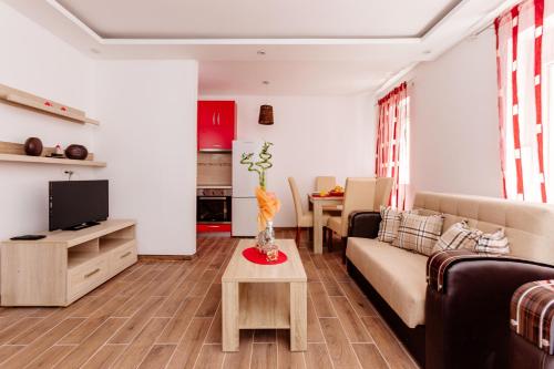 a living room with a couch and a tv at Dream Vacation Apartments in Tivat