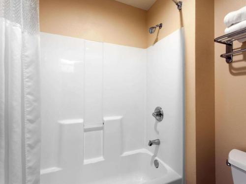 La salle de bains est pourvue d'une douche blanche avec rideau de douche. dans l'établissement Ramada by Wyndham SeaTac Airport North, à Allentown