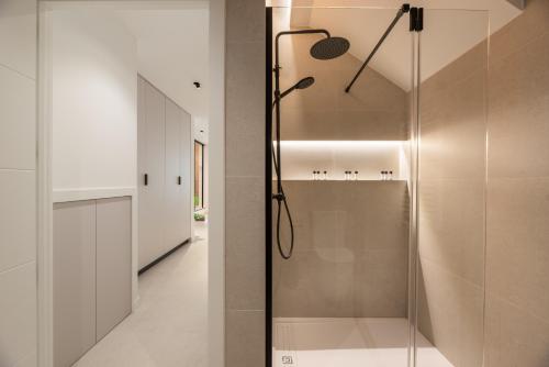 a shower with a glass door in a bathroom at Loft América 41 B in Melide