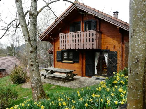 a wooden cabin with a picnic table in front of it at Chalet Les Sapins Argentés in Gérardmer