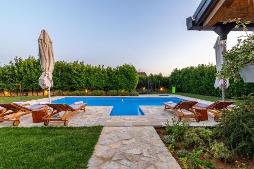 a backyard with a pool with chairs and an umbrella at Villa Lavandis with Jacuzzi and 50m2 Pool in Donji Vinjani