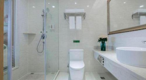 a bathroom with a shower and a toilet and a sink at Vienna International Shenzhen Tianan Digital City in Shenzhen