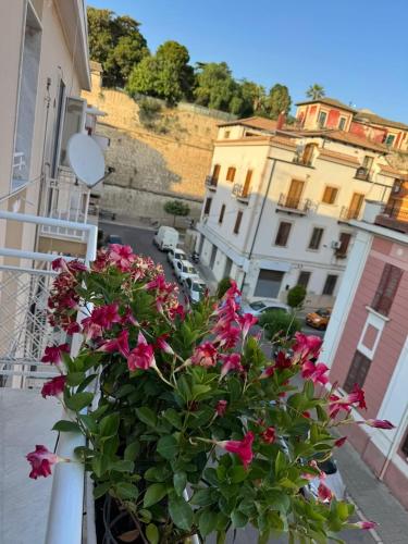 a balcony with pink flowers on a building at HOUSE on sunday SOLE in Crotone