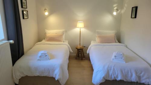 - 2 lits jumeaux dans une chambre avec une lampe dans l'établissement La Treille, à Saint-Hilaire-du-Bois