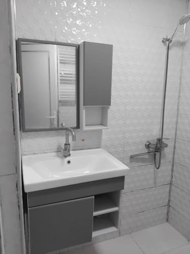 a white bathroom with a sink and a shower at Lili's Flat in Angisa