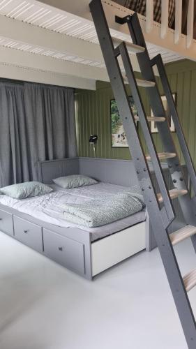 a bedroom with a bed with a ladder at Lindeborgs gröna rum in Tvååker