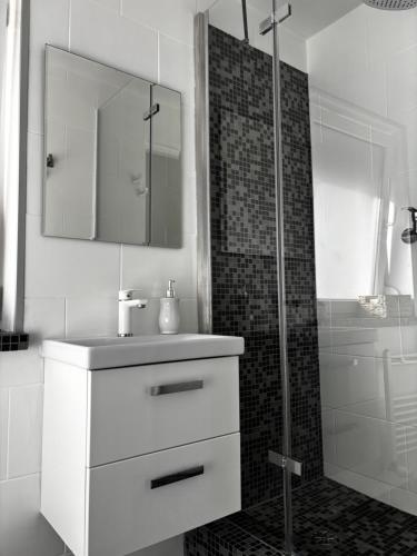 a white bathroom with a sink and a shower at MK Hornik Apartament in Kowary