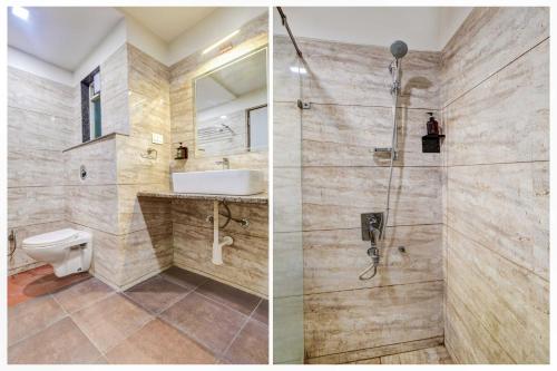 two pictures of a bathroom with a sink and a shower at Townhouse Indore Junction in Indore