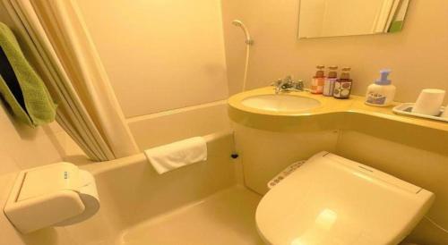a small bathroom with a toilet and a sink at Hotel Miyama in Chichibu