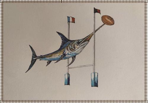 Un dibujo de un pez colgando de dos banderas. en HOTEL JARDINS DE PORQUEROLLES, en Porquerolles