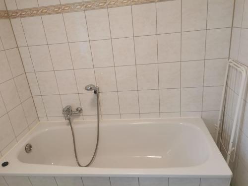 a white bath tub with a shower in a bathroom at Monteurzimmer und Ferienwohnung bei Leuna, Halle, Leipzig in Braunsbedra